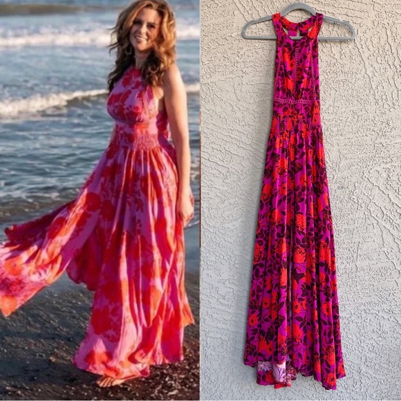 ATL ABEL THE LABEL Pink & Purple Floral Tie Back Halter Charlotte Maxi Dress - Picture 1 of 16